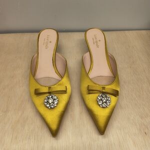 Kate Spade Darlene Yellow Satin Bow Jewel Pointed Toe Kitten Heel Mules Size 8